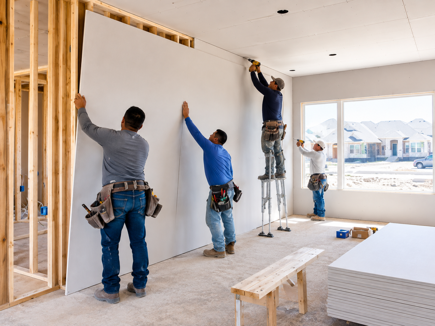 Drywall crew hanging board in a new single-family home in Texas.